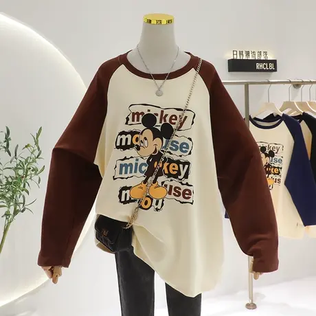 加厚磨毛长袖t恤女中长款宽松大码显瘦印花卡通撞色内搭打底衫冬图片