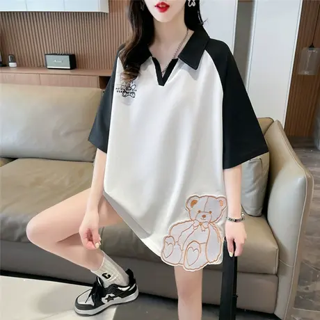 翻领polo衫短袖t恤女夏季韩版宽松大码女装中长款v领撞色上衣服潮图片