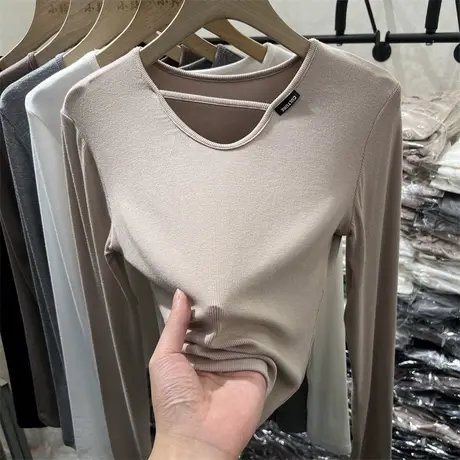 洋气减龄V领长袖T恤女早秋季韩版修身显瘦内搭外穿打底衫上衣体恤商品大图