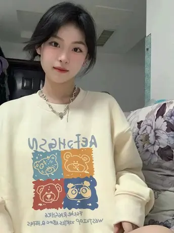 潮牌圆领卫衣女秋冬加绒加厚oversize小众设计感宽松大码上衣外套商品大图