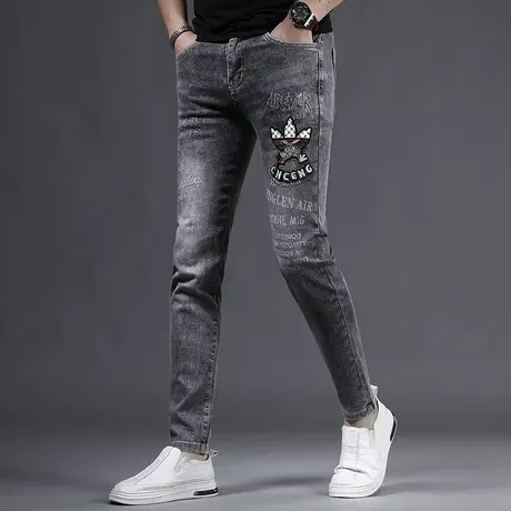 2023新款刺绣牛仔裤男修身小脚灰色夏季薄款印花男士牛仔裤中年商品大图