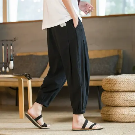 日系复古裤子男薄款亚棉麻八分裤潮牌痞帅大码束脚锥形哈伦萝卜裤商品大图