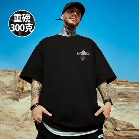 300g重磅美式卡通胖子短袖t恤加肥加大码黑色宽松纯棉简约半袖男商品大图
