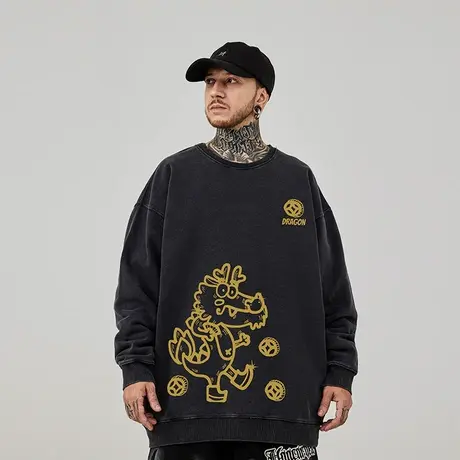 2024龙年加肥加大码圆领重磅复古胖子男装宽松做旧加绒卫衣春秋季图片