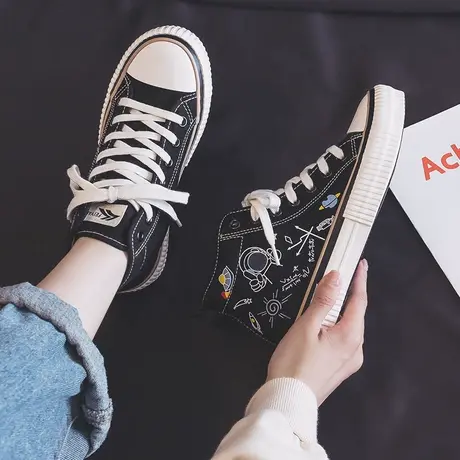 高帮帆布鞋女2023春秋季新款复古百搭女学生ins鞋子潮韩版饼干鞋商品大图