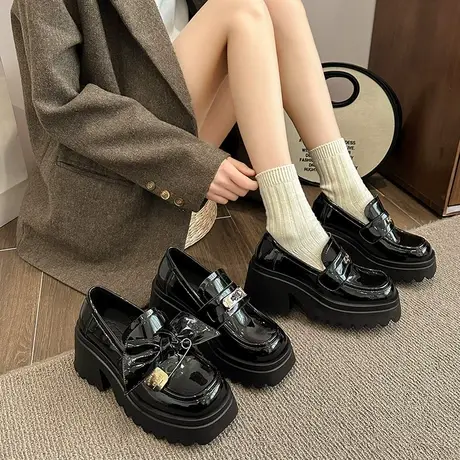 黑色厚底乐福鞋女2024春秋季新款复古英伦风小皮鞋配裙子粗跟单鞋图片