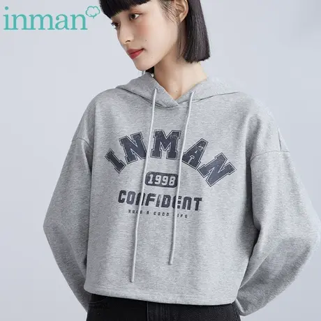 茵曼旗舰店休闲女2023年春季新款字母印花百搭涤棉套头连帽卫衣图片