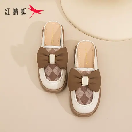 红蜻蜓低跟包头乐福鞋2023夏新款真皮蝴蝶结小众高级感凉拖鞋外穿商品大图