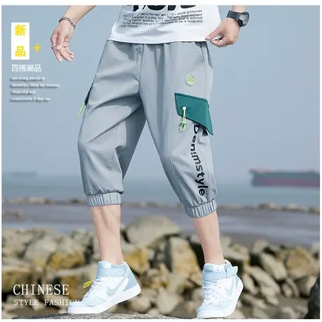 裤子男夏季2023新款韩版潮流工装七分裤男士运动裤束脚休闲短裤男商品大图