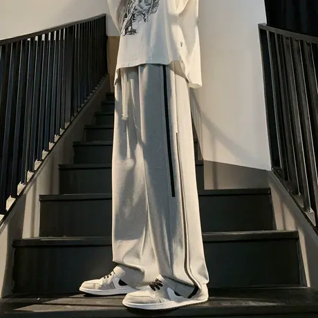 条纹直筒裤男夏季潮牌宽松休闲运动长裤男青少年潮流百搭阔腿卫裤商品大图