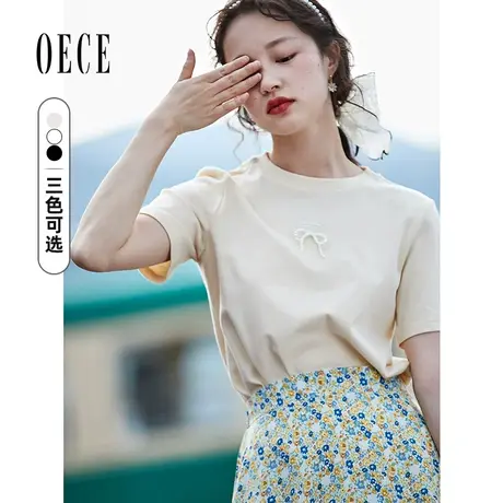 Oece多色短袖T恤衫夏装新款女装少女法式甜美蝴蝶结圆领上衣图片