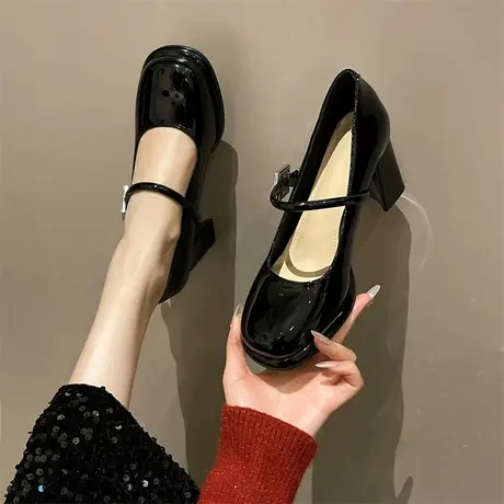 玛丽珍鞋女2024春秋新款黑色小皮鞋配裙子ins复古气质粗跟高跟鞋图片