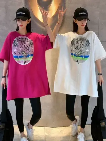 中长款印花圆领t恤大版型2023夏季新款设计感侧开叉宽松显瘦遮臀商品大图