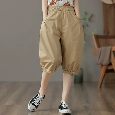 高腰显瘦纯棉宽松女中裤夏季2022新款五分阔腿裤直筒工装休闲短裤商品大图