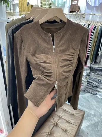 设计感圆领双拉链褶皱长袖开衫女2023秋新款时尚修身收腰短款上衣图片