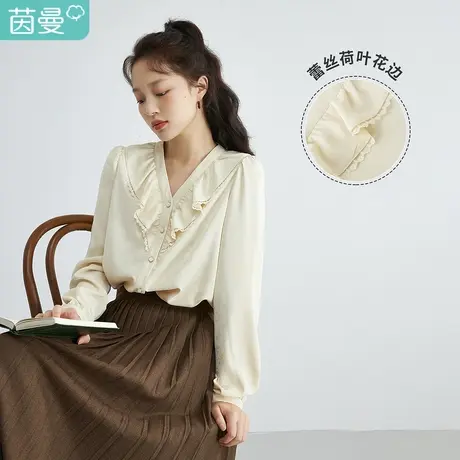 茵曼衬衫女春秋季2023年新款百搭法式设计感小众上衣V领休闲衬衣图片