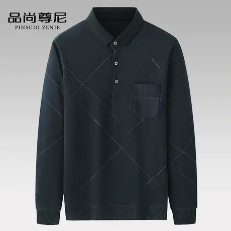 男士简约线条花纹Polo衫半开襟爸爸长袖t恤春秋款中老年人爷爷装商品大图