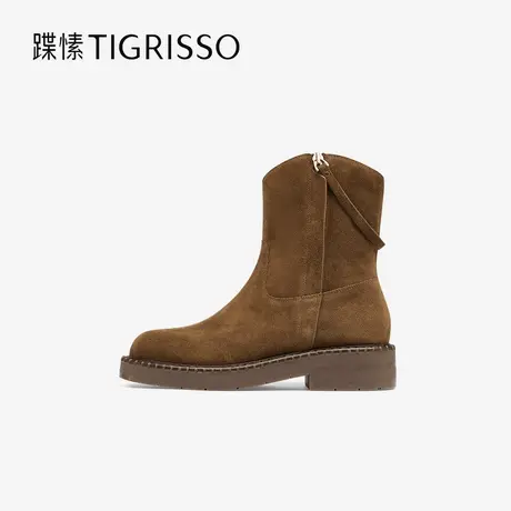 蹀愫冬季棕色加绒复古女短靴圆头西部牛仔靴TA54768-52商品大图