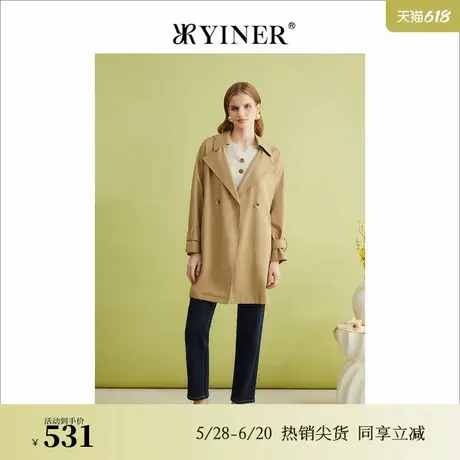 YINER音儿专选春季复古廓形中长款系带收腰连帽风衣外套商品大图