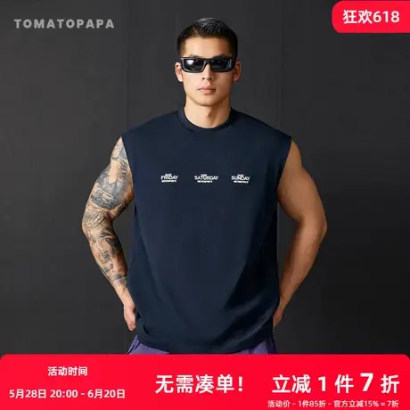 TOMATOPAPA美式背心字母刺绣圆领潮休闲百搭无袖透气圆领坎肩体恤图片