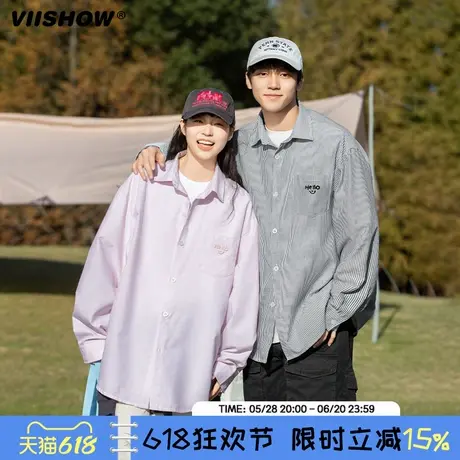 VIISHOW复古撞色条纹长袖衬衫男生潮牌宽松翻领情侣休闲衬衣外套商品大图
