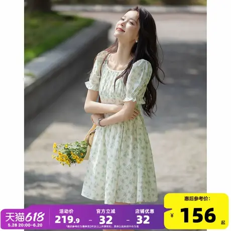 唐狮25女夏季方领碎花短袖连衣裙泡泡袖甜美透气舒适收腰绑带dmn图片