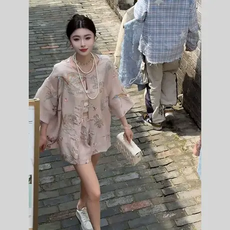 独特气质穿搭新中式国风时尚防晒衬衫上衣短裤套装女2025夏季大码商品大图