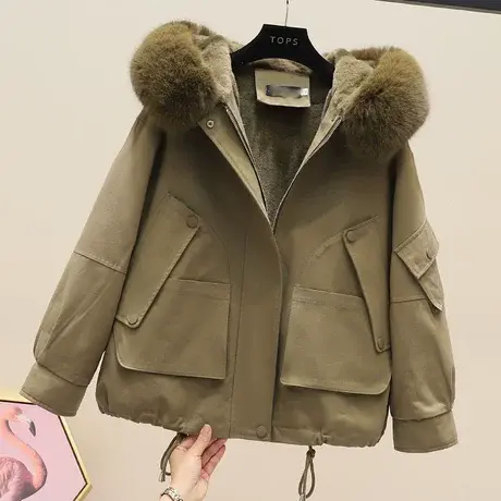 大毛领派克服棉服女短款2023新款冬季韩版加绒工装棉袄棉衣外套潮商品大图