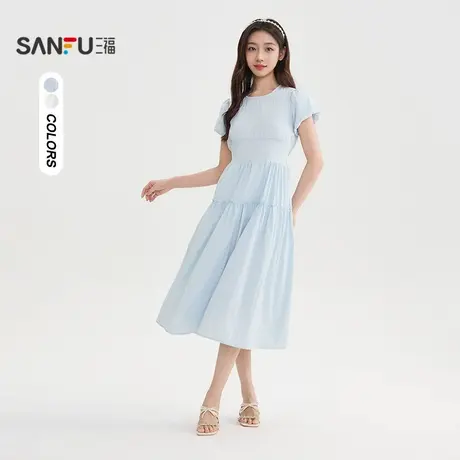 三福连衣裙2025夏季法式甜美纯色绑带收腰长裙女装506396图片