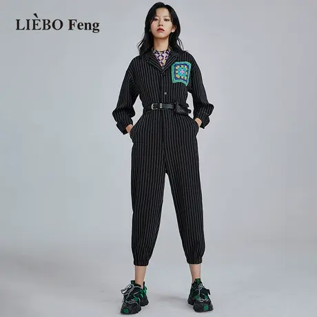 裂帛LIEBOFeng2023春季新商场同款钩织竖条纹修身显瘦连体裤图片