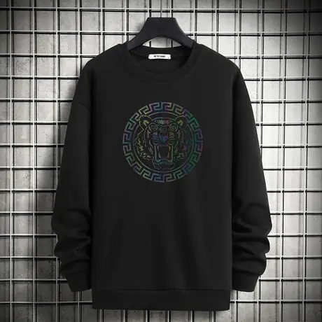 男士卫衣秋冬款黑色套头无帽上衣潮流宽松摇粒绒加绒加厚圆领长袖商品大图