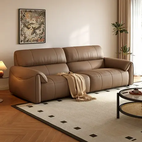 全友家居现代简约焦糖色真皮沙发客厅小户型三人位琴键沙发商品大图