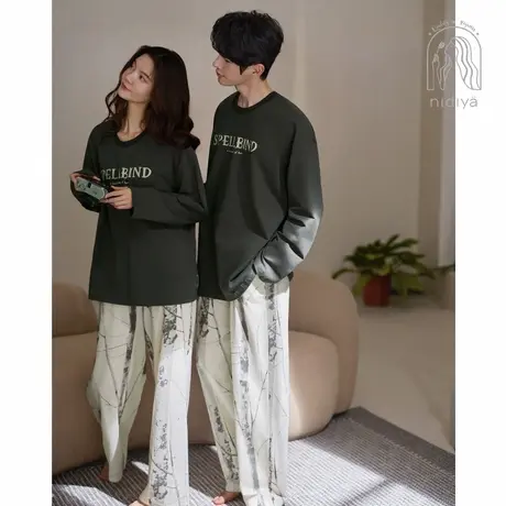妮狄娅情侣睡衣女秋季柔软棉长袖男简约休闲春秋可外穿家居服套装商品大图