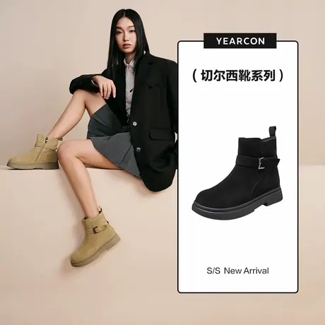 意尔康磨砂真皮中筒靴女2025秋冬粗跟时装靴侧拉链通勤短靴马丁靴图片