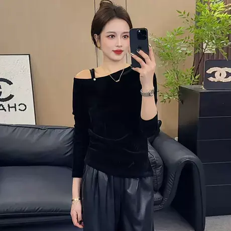 辣妹斜领露肩丝绒长袖t恤女2025秋季新款洋气打底衫内搭显瘦上衣商品大图