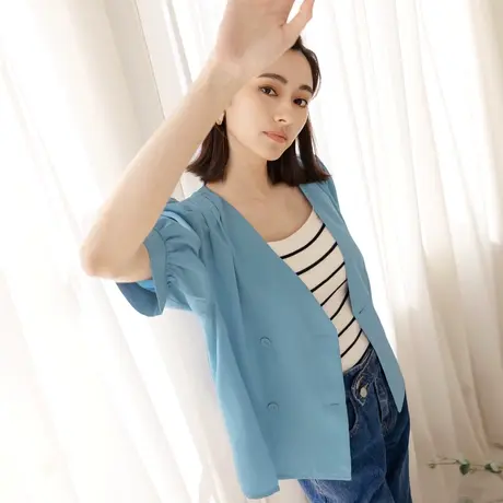 桔熊夏季通勤宽松泡泡袖V领双排扣西装外套女胖妹妹大码EA3500图片