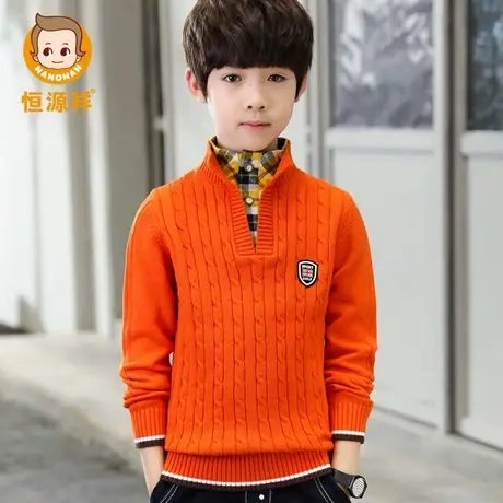 恒源祥男童半高领加绒加厚中大童纯棉假两件儿童秋冬针织打底毛衣图片