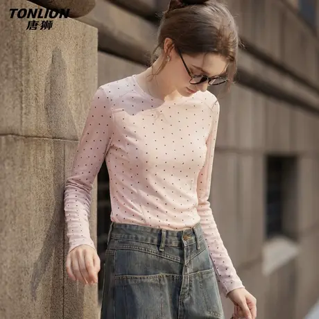 唐狮2026春秋季新款女圆领长袖T恤波点印花纯欲风打底衣宽松上衣图片
