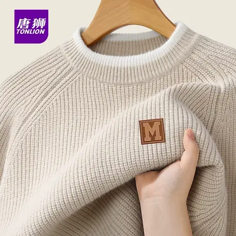 唐狮官方重磅圆领毛衣男冬季加厚保暖撞色条纹针织衫男士打底衫YB图片