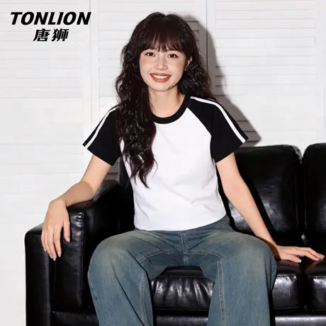唐狮官方修身短袖t恤女夏季2026新款小个子撞色插肩显瘦上衣女VB图片