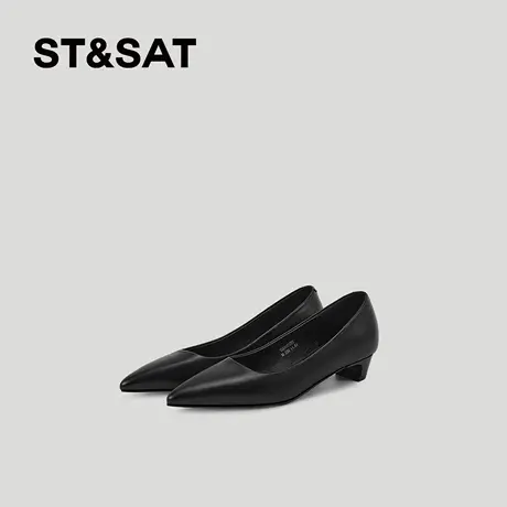 星期六浅口单鞋女2026春夏新款真皮擦色尖头粗跟软底气质百搭女鞋商品大图