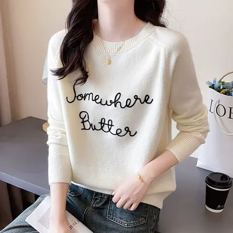 慵懒风字母圆领女士毛衣秋冬2023年套头洋气内搭针织打底衫女上衣商品大图