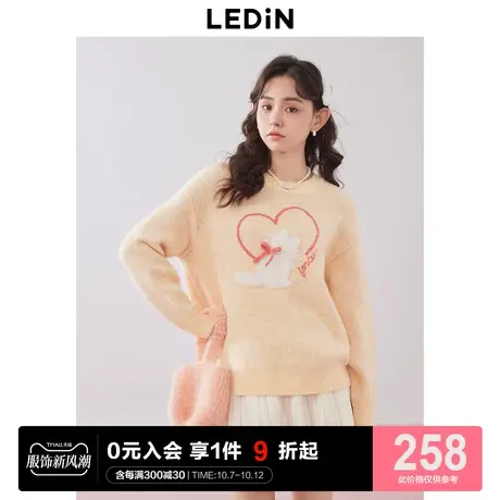 乐町奶呼呼圆领毛衣女2023年冬季新款立体爱心猫咪宽松圆领针织衫商品大图