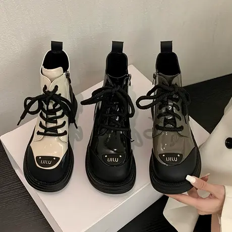 厚底英伦风马丁靴女2023年新款休闲加绒机车短筒靴冬季保暖棉靴图片