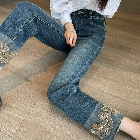 直筒牛仔裤女春秋2023新款高腰窄版刺绣卷边小个子宽松显瘦烟管裤商品大图