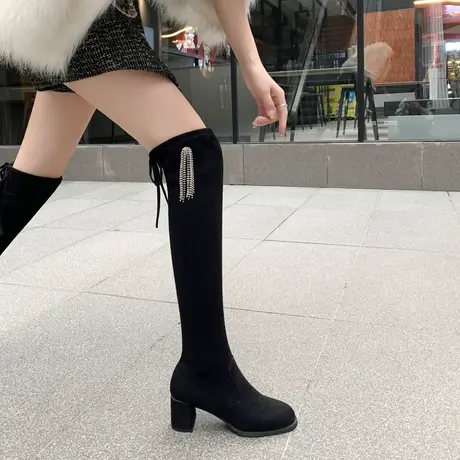 过膝粗跟长筒靴女2023年新款秋冬季显瘦气质时装配裙子高跟女靴子商品大图