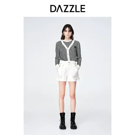 DAZZLE地素 奥莱复古黑白撞色薄款针织开衫外套套装上衣女商品大图