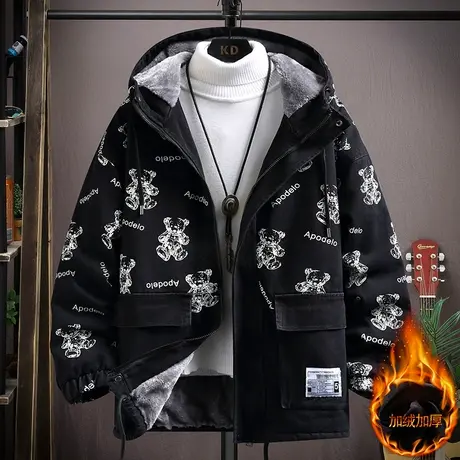 牛仔外套青少年派克棉服男士冬季2023新款潮流帅气棉衣男加绒加厚图片