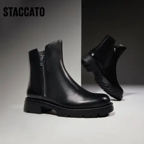 思加图冬季新款时尚短靴时装靴粗跟黑色复古女靴子9YJ48DD3商品大图