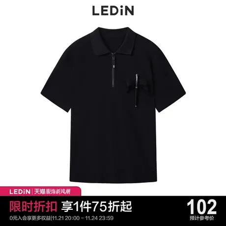 乐町POLO衫黑色夏季新款简约短袖T恤女C3DBC3101图片